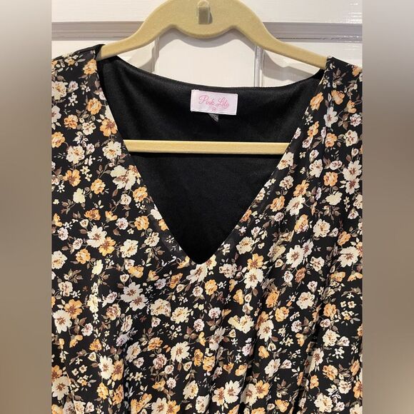 Pink Lily Floral V-Neck Long Sleeve Boho Mini‎ Dress Black Yellow Size Medium - Picture 2 of 7